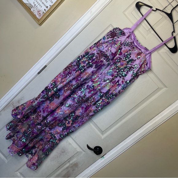 Boston Proper Embroidered Sequin Mesh Ruffle Slit Midi Dress Sz 14 - Picture 8 of 8